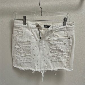 White Distressed Pearl-Embellished Skirt